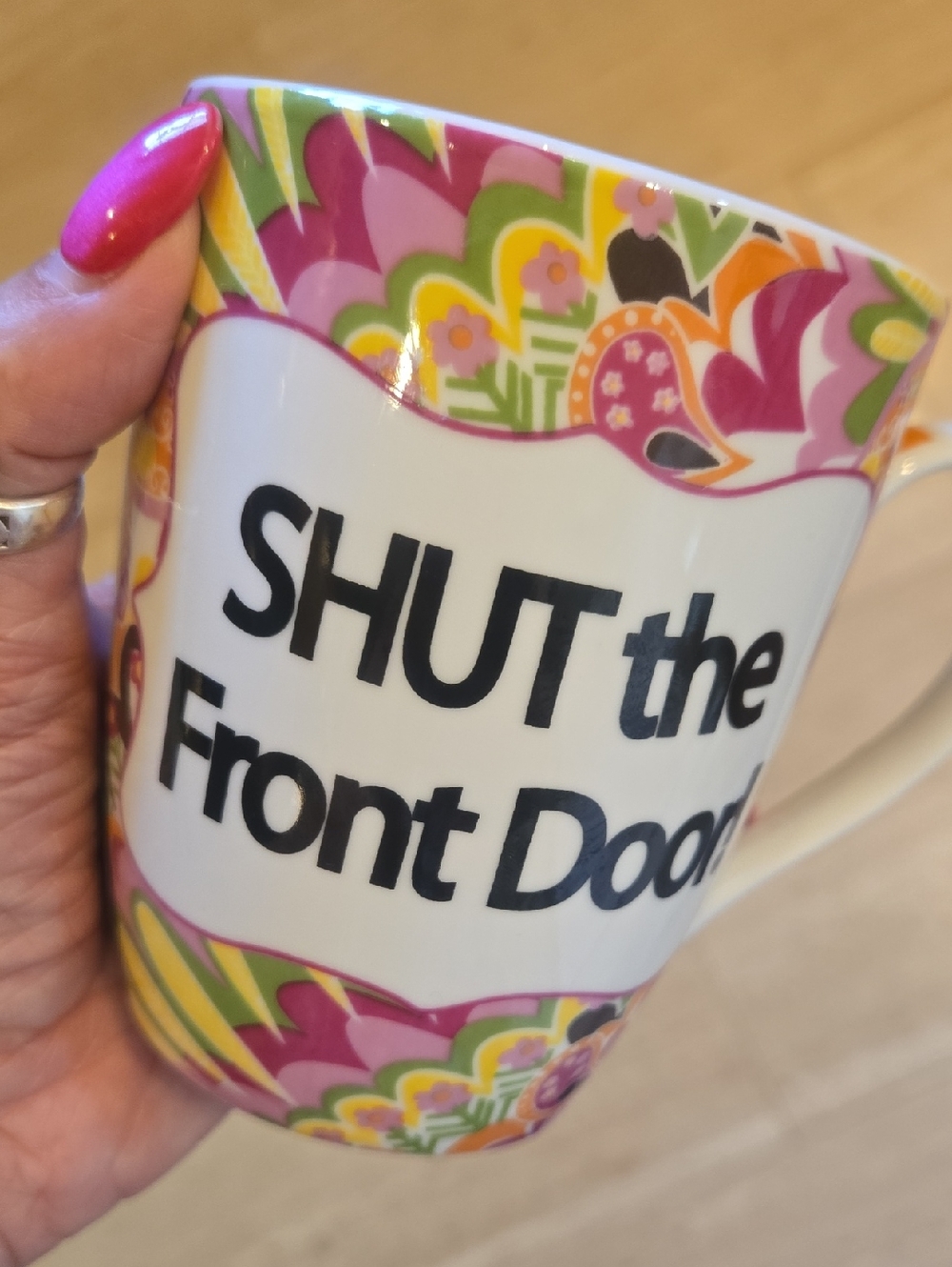 Pier 1 Imports "Shut the Front Door" Porcelain Mug